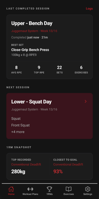 Home workout summary screen