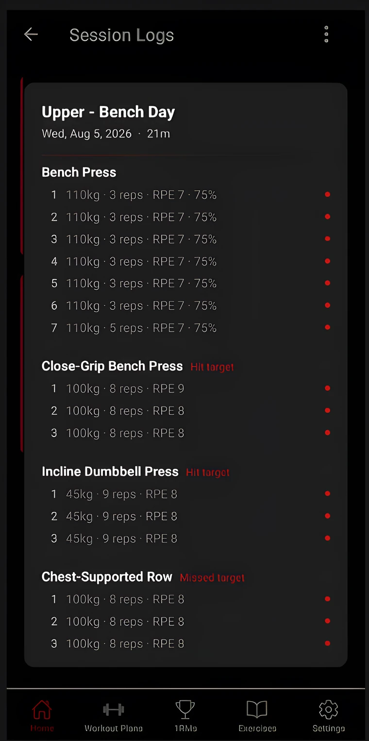 Workout session log screen