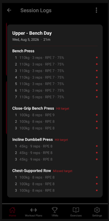 Workout session log screen